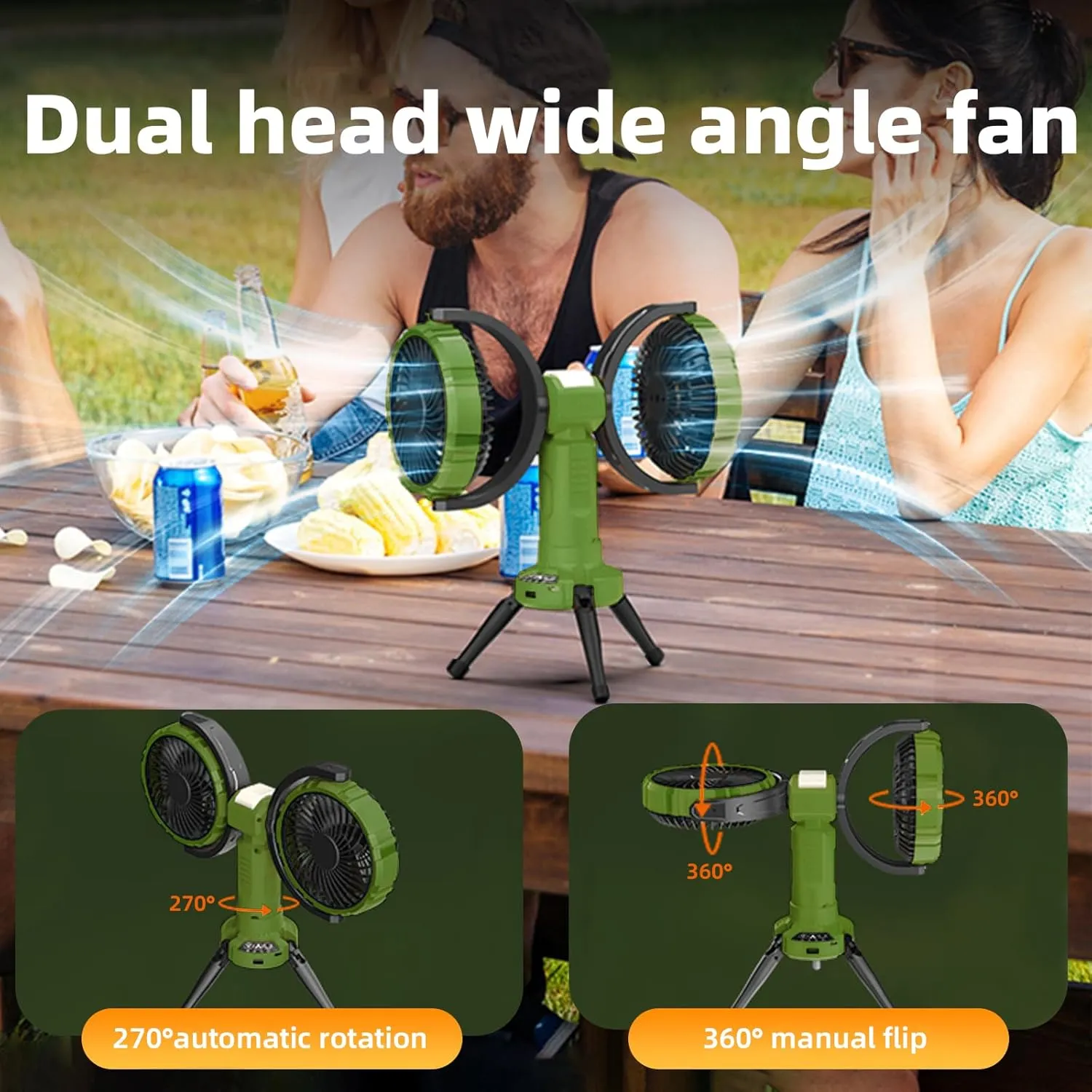3 in 1 Camping Fan with LED Light,Hanging Hook for Tent,8000mAh Rechargeable Battery Powered Portable Fans,360°Head Rotation,4 Speeds,Camping Essentials for Indoor Outdoor Travel BBQ Fishing
