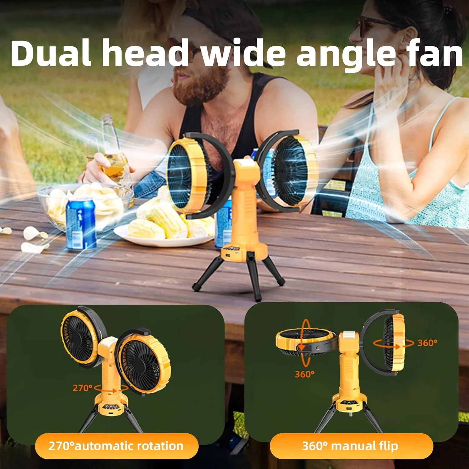 3 in 1 Portable Camping Fan with LED Light,8000mAh Rechargeable Battery Powered Fans with Hanging Hook for Tent,360°Head Rotation,4 Speeds,Camping Essentials Outdoor for Travel Fishing BBQ