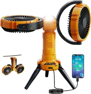3 in 1 Portable Camping Fan with LED Light,8000mAh Rechargeable Battery Powered Fans with Hanging Hook for Tent,360°Head Rotation,4 Speeds,Camping Essentials Outdoor for Travel Fishing BBQ