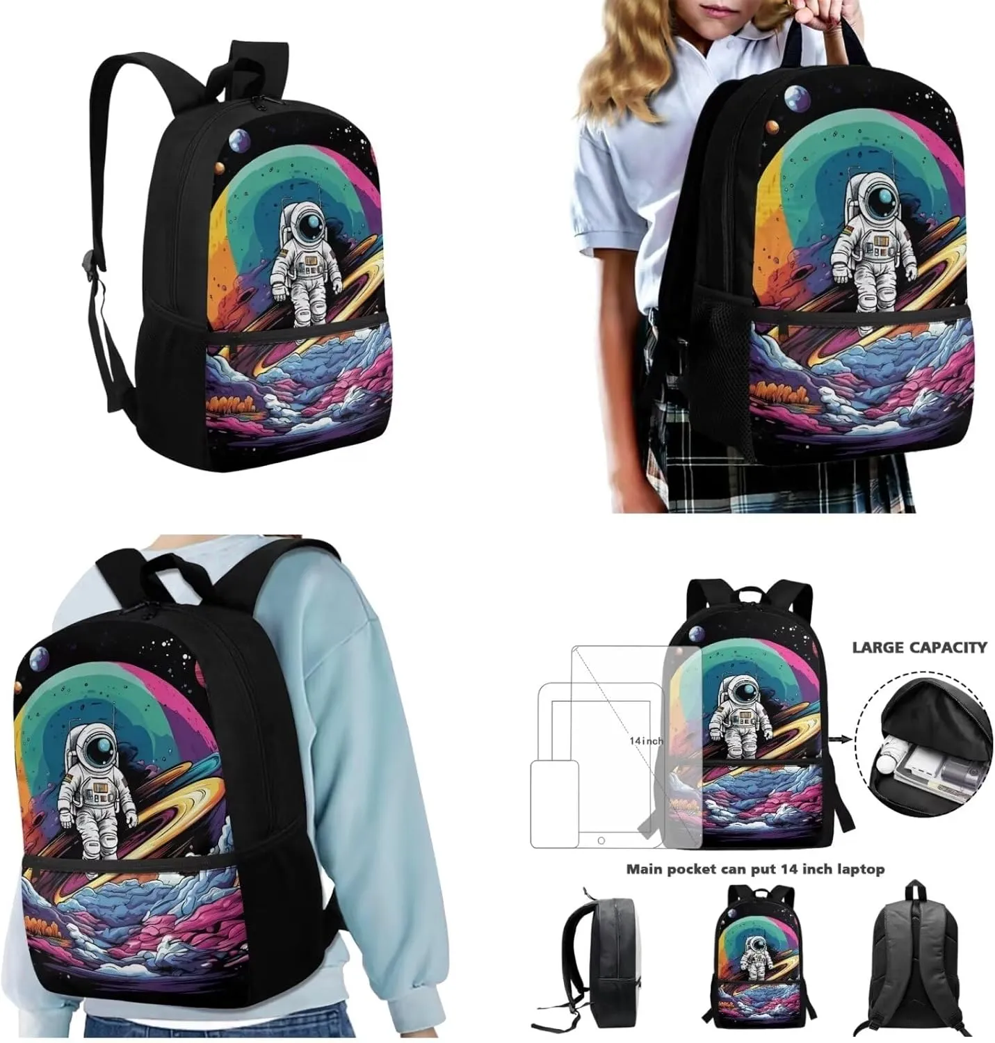 3 Pcs Set Astronaut School Bags for Teens Girls, Trendy 17 Inch Laptop Backpack Lightweight High Capacity Bookbag for Boys 12-14 with Lunch Box and Pencil Case