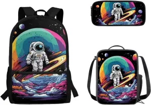 3 Pcs Set Astronaut School Bags for Teens Girls, Trendy 17 Inch Laptop Backpack Lightweight High Capacity Bookbag for Boys 12-14 with Lunch Box and Pencil Case