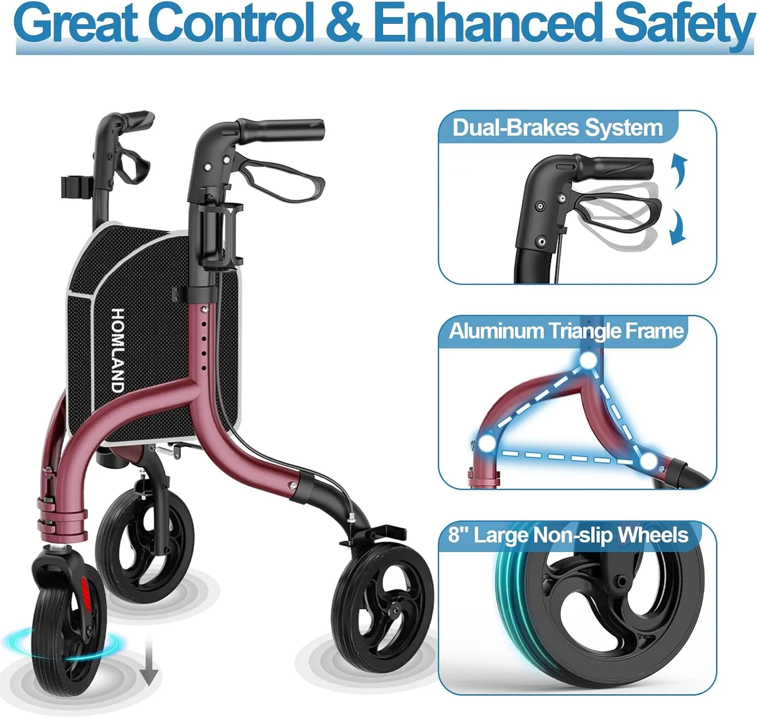3 Wheel Walkers for Seniors, FSA/HSA Eligible Foldable Wheeled Rollator with Cane Hold and Cup Hold, Lightweight Three Wheel Rolling Walker Height Adjustable for Seniors