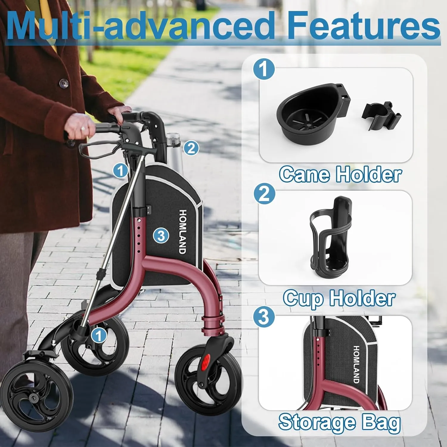 3 Wheel Walkers for Seniors, FSA/HSA Eligible Foldable Wheeled Rollator with Cane Hold and Cup Hold, Lightweight Three Wheel Rolling Walker Height Adjustable for Seniors