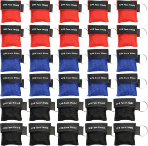 30 Counts CPR Pocket Mask Keychain, CPR Face Shield with One Way Valve Breathing Barrier for First Aid or CPR Training, AED Training(Three Colors)