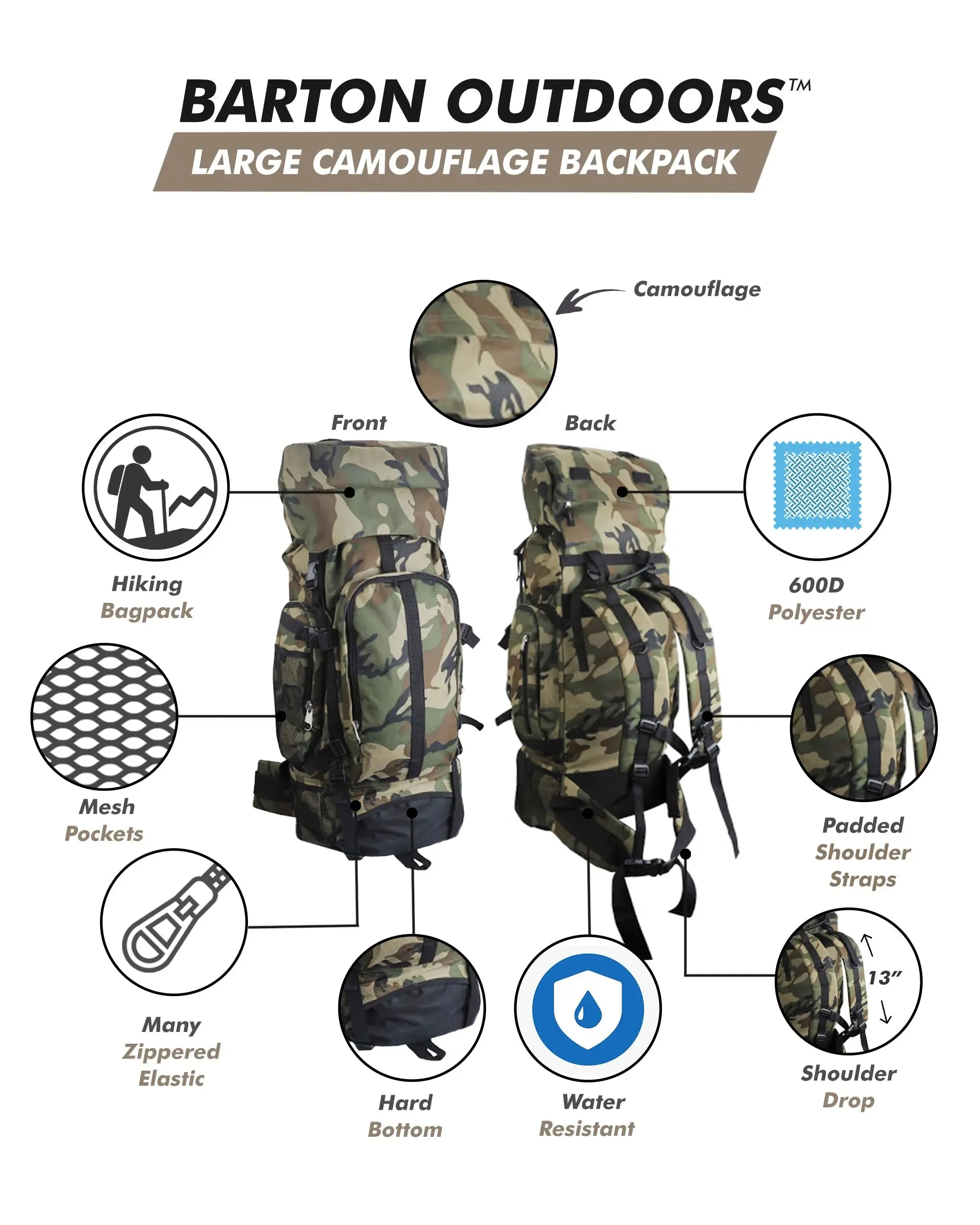 30" Hiking/Camping Water-Resistant mountaineer Camouflage Backpack