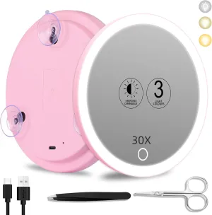 30x Lighted Magnifying Mirror with Suction Cups, Large 6'' Magnified Mirror with Light High Magnification Travel Makeup Mirror, Rechargeable Battery, 3 Colors Dimming Light, with Tweezers &Scissors