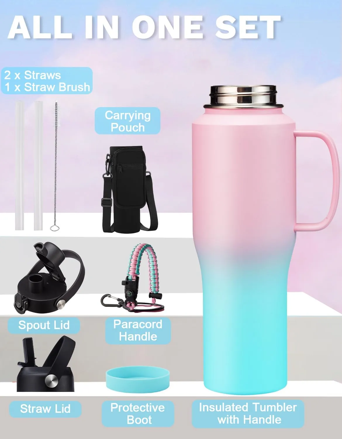 32 OZ Stainless Steel Tumblers with Straw - Kepp Cold 48Hrs Slim Water Bottle Fits in Cup Holder, 32oz Water Bottle with Straw & Spout Lids, Paracord Handle, Carrier Bag Tumbler Cups Flask for Travel