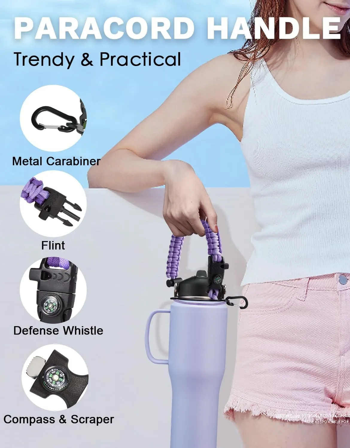 32 OZ Stainless Steel Tumblers with Straw - Kepp Cold 48Hrs Slim Water Bottle Fits in Cup Holder, 32oz Water Bottle with Straw & Spout Lids, Paracord Handle, Carrier Bag Tumbler Cups Flask for Travel