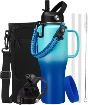 32 OZ Stainless Steel Tumblers with Straw - Kepp Cold 48Hrs Slim Water Bottle Fits in Cup Holder, 32oz Water Bottle with Straw & Spout Lids, Paracord Handle, Carrier Bag Tumbler Cups Flask for Travel