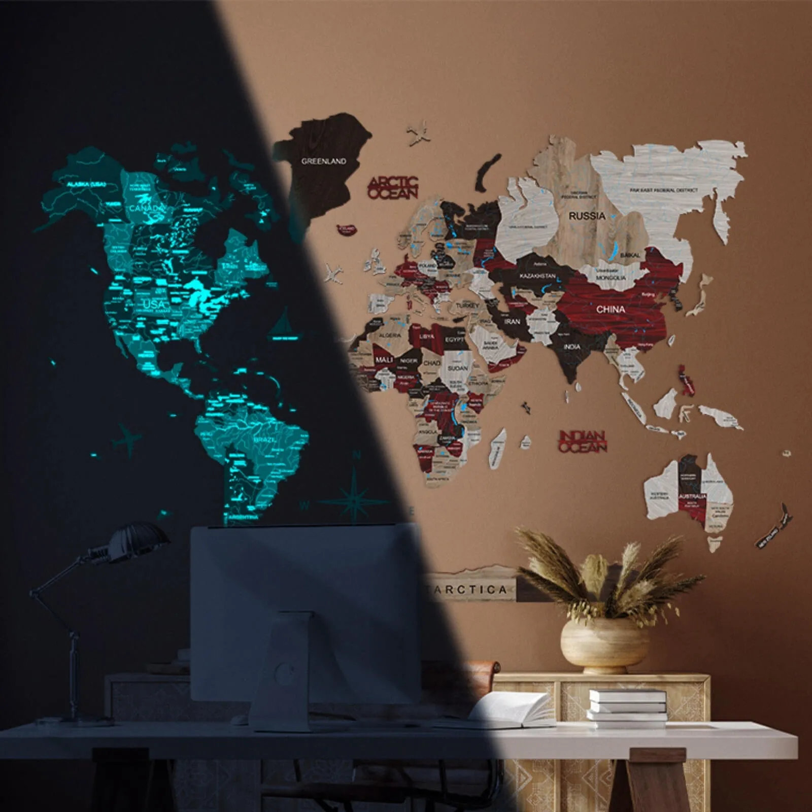 3D Luminous/Magnetic Colored Wooden World Map Urban