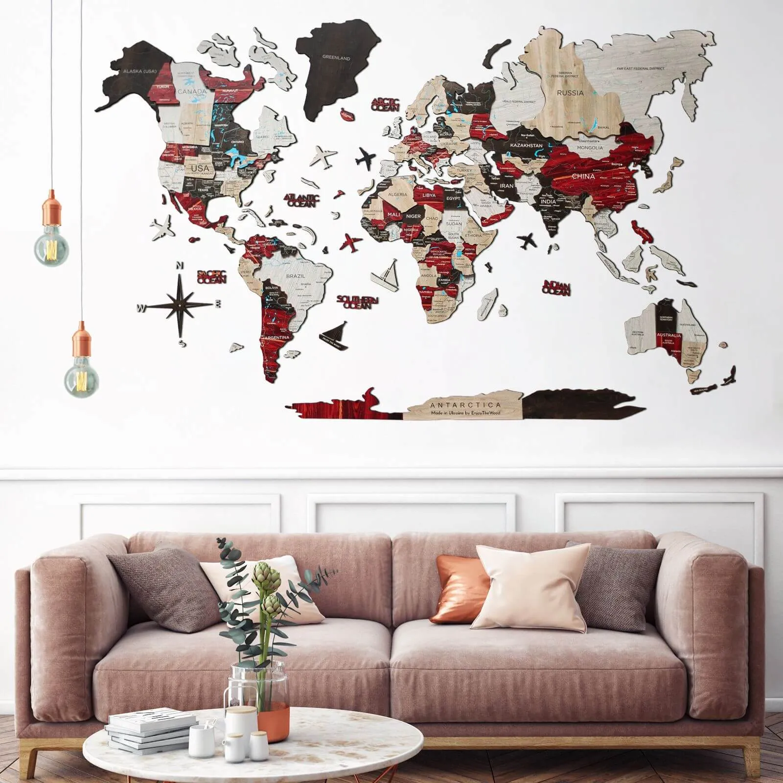 3D Luminous/Magnetic Colored Wooden World Map Urban