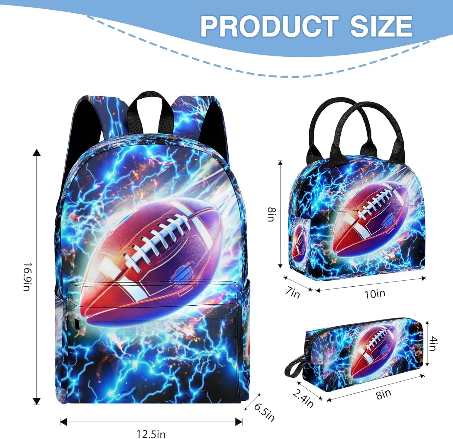 3PCS Backpack for Boys Girls, Kids School Backpack Sets with Lunch Bag Pencil Case, Large Capacity 17 Inch Bookpack 3 in 1 Set for Teens Elementary Middle High School Students (Football)