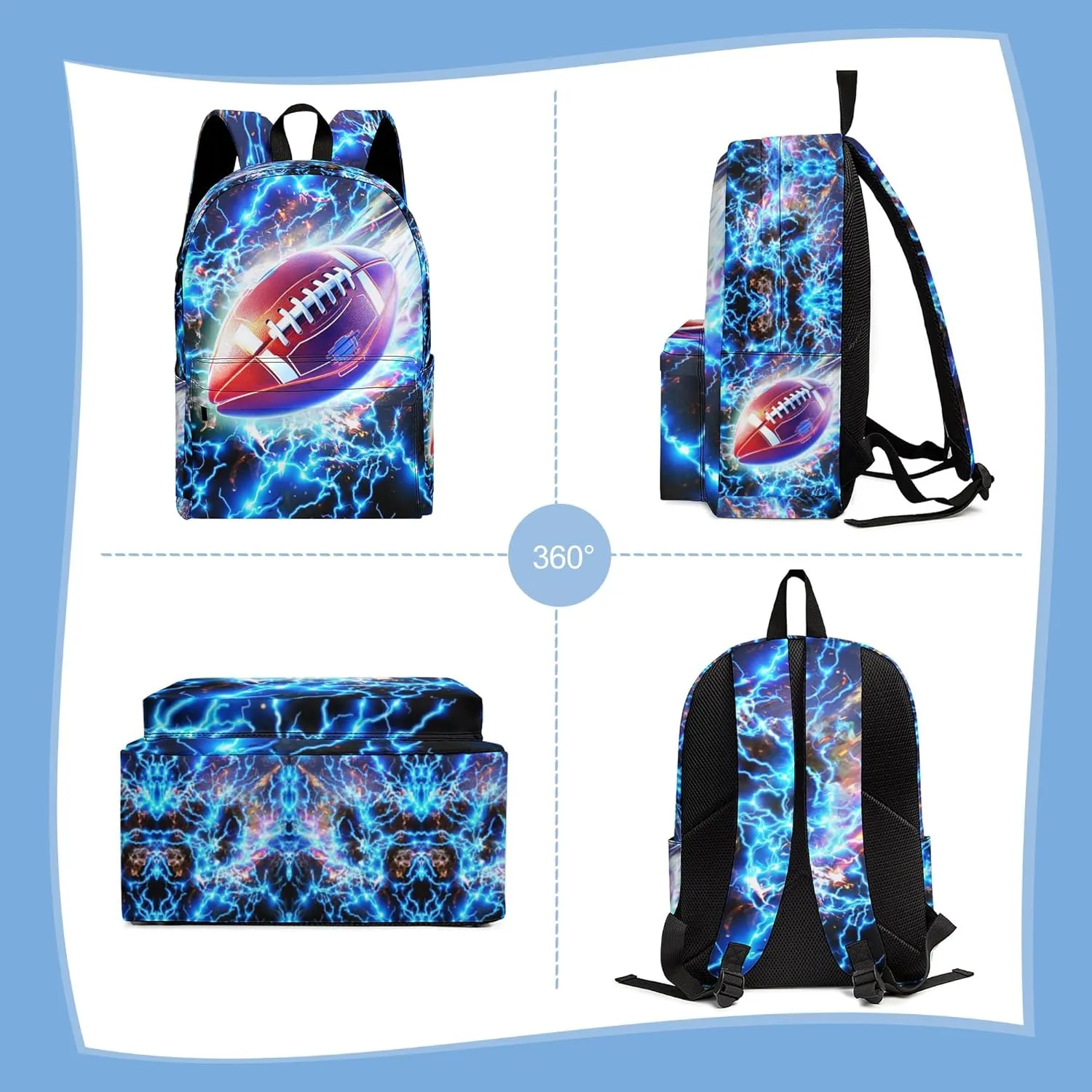 3PCS Backpack for Boys Girls, Kids School Backpack Sets with Lunch Bag Pencil Case, Large Capacity 17 Inch Bookpack 3 in 1 Set for Teens Elementary Middle High School Students (Football)