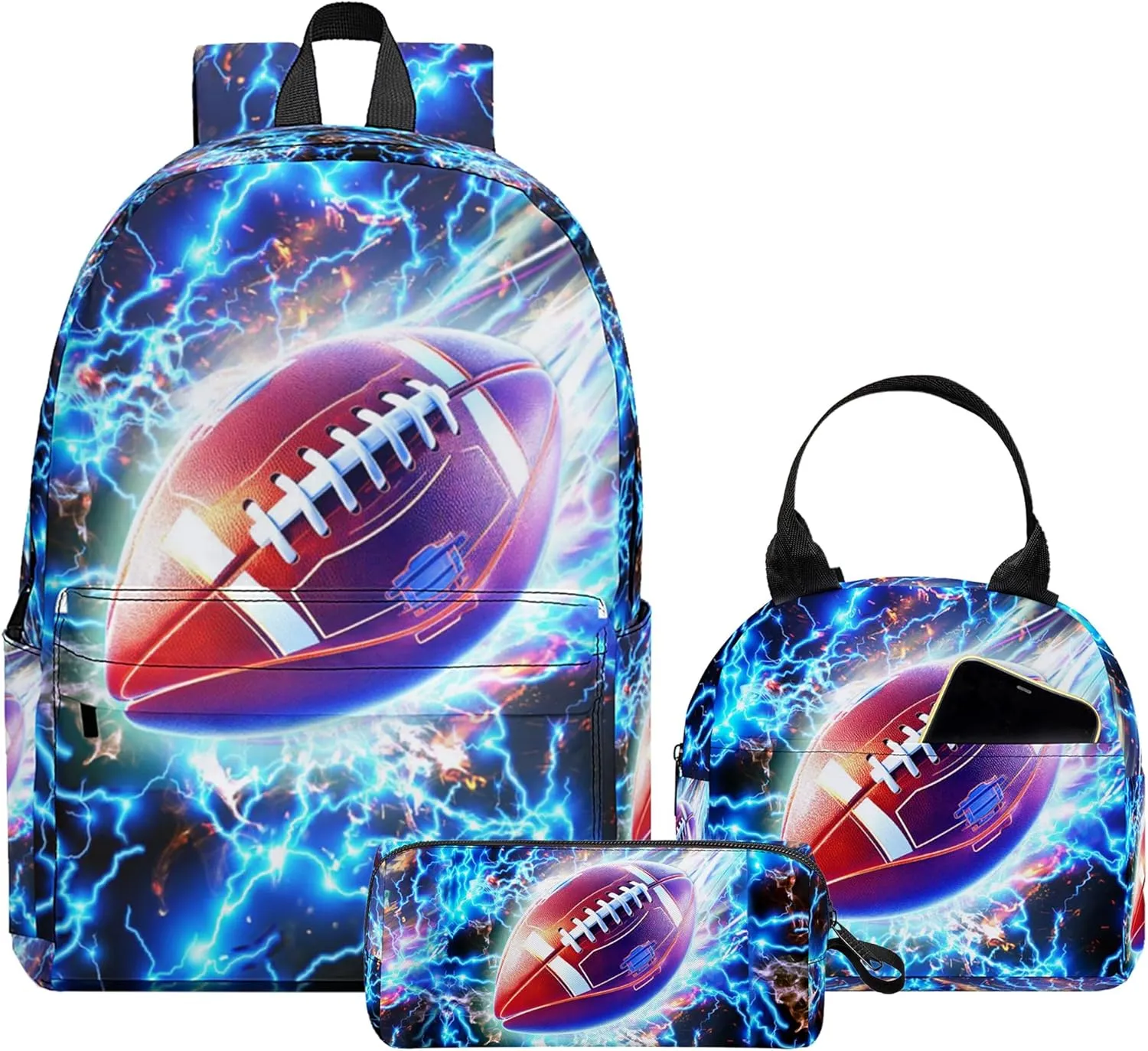 3PCS Backpack for Boys Girls, Kids School Backpack Sets with Lunch Bag Pencil Case, Large Capacity 17 Inch Bookpack 3 in 1 Set for Teens Elementary Middle High School Students (Football)