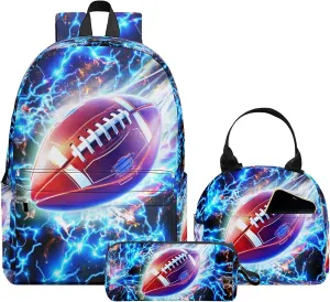 3PCS Backpack for Boys Girls, Kids School Backpack Sets with Lunch Bag Pencil Case, Large Capacity 17 Inch Bookpack 3 in 1 Set for Teens Elementary Middle High School Students (Football)