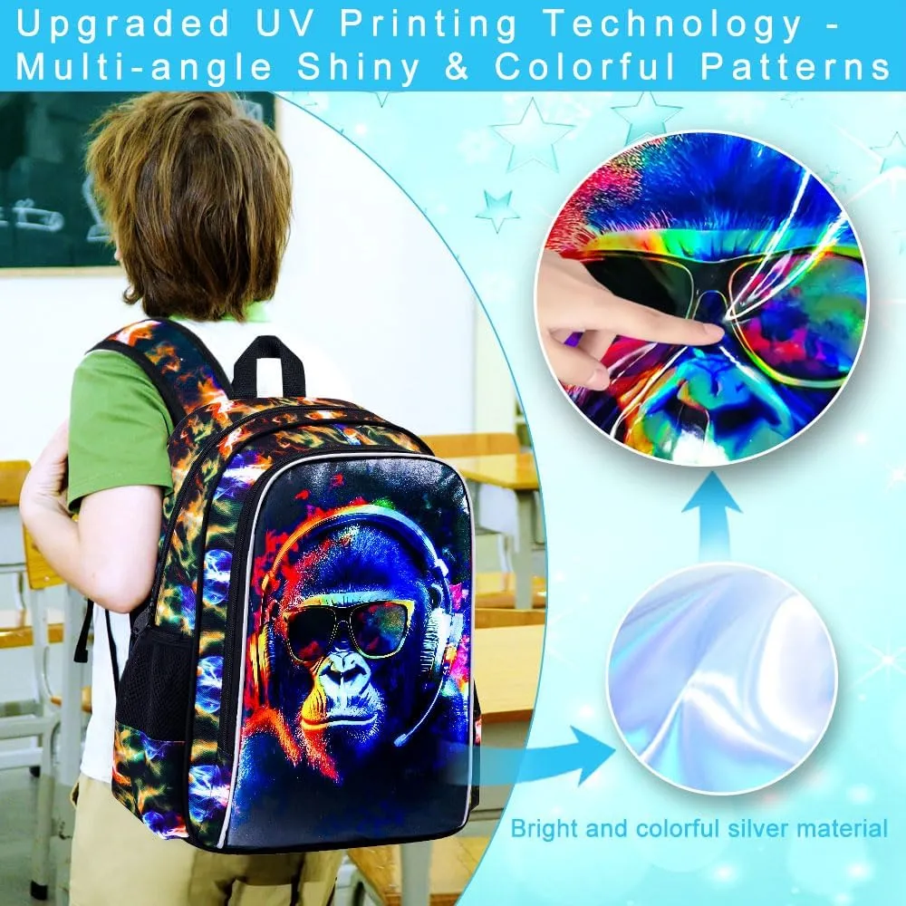 3PCS Kids Backpacks for Boys, Water Resistant Gorilla Bookbag with Lunch Box, 17" School Bag Set for Teenagers Middle Elementary - Sunglasses Gorilla