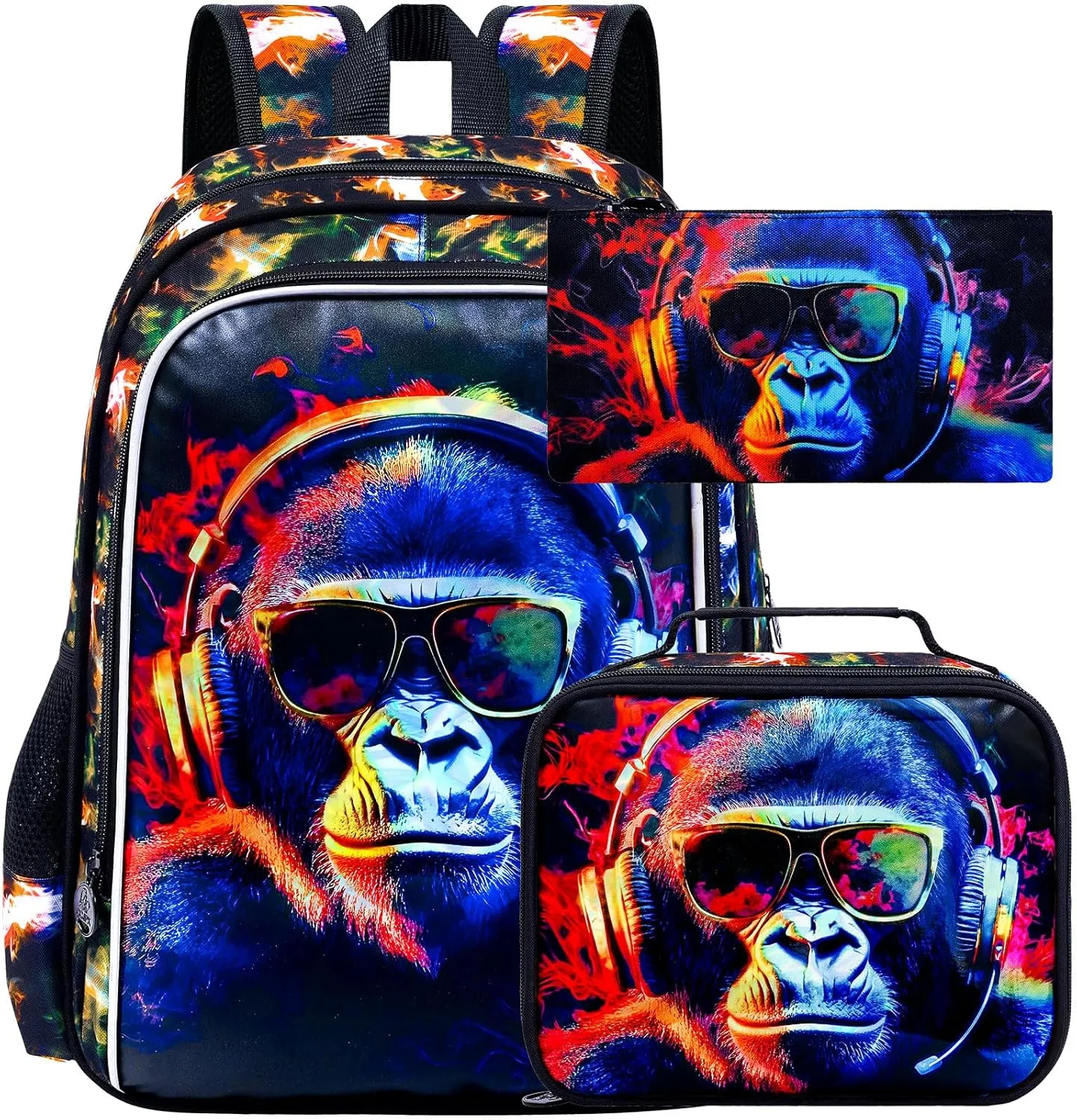 3PCS Kids Backpacks for Boys, Water Resistant Gorilla Bookbag with Lunch Box, 17" School Bag Set for Teenagers Middle Elementary - Sunglasses Gorilla