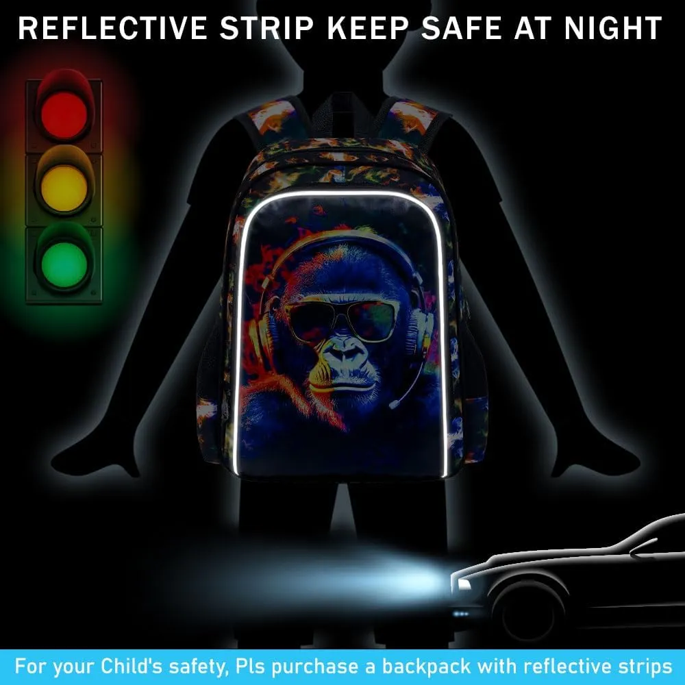 3PCS Kids Backpacks for Boys, Water Resistant Gorilla Bookbag with Lunch Box, 17" School Bag Set for Teenagers Middle Elementary - Sunglasses Gorilla