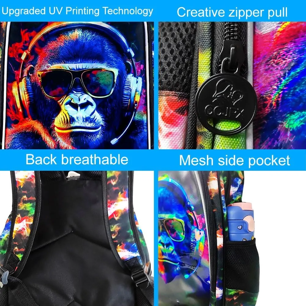 3PCS Kids Backpacks for Boys, Water Resistant Gorilla Bookbag with Lunch Box, 17" School Bag Set for Teenagers Middle Elementary - Sunglasses Gorilla