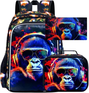 3PCS Kids Backpacks for Boys, Water Resistant Gorilla Bookbag with Lunch Box, 17" School Bag Set for Teenagers Middle Elementary - Sunglasses Gorilla