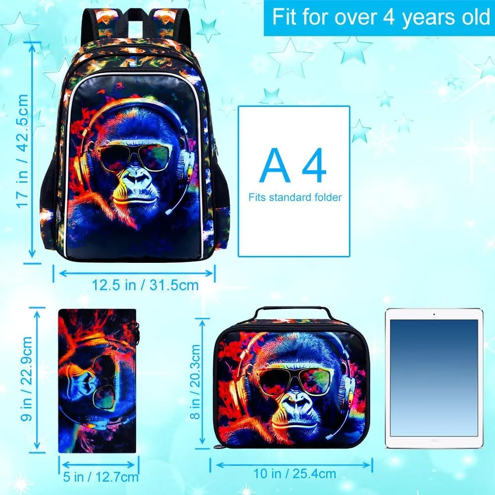 3PCS Kids Backpacks for Boys, Water Resistant Gorilla Bookbag with Lunch Box, 17" School Bag Set for Teenagers Middle Elementary - Sunglasses Gorilla