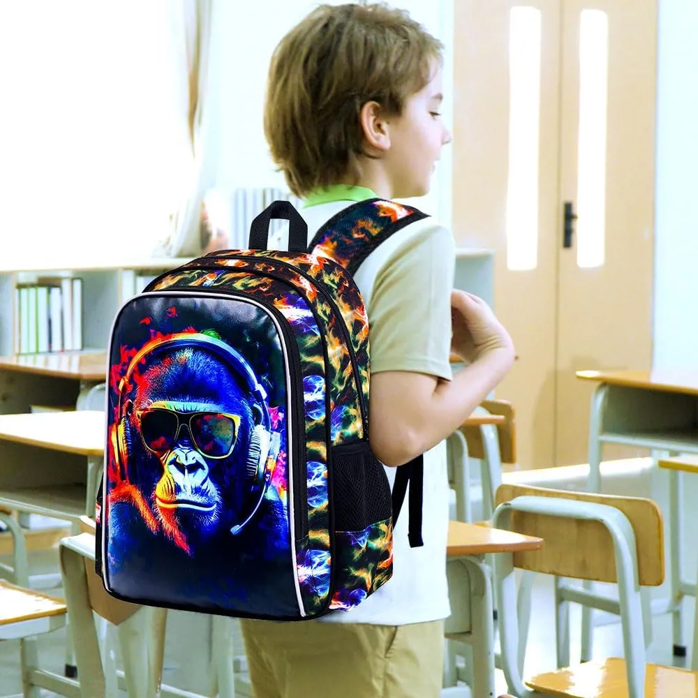 3PCS Kids Backpacks for Boys, Water Resistant Gorilla Bookbag with Lunch Box, 17" School Bag Set for Teenagers Middle Elementary - Sunglasses Gorilla