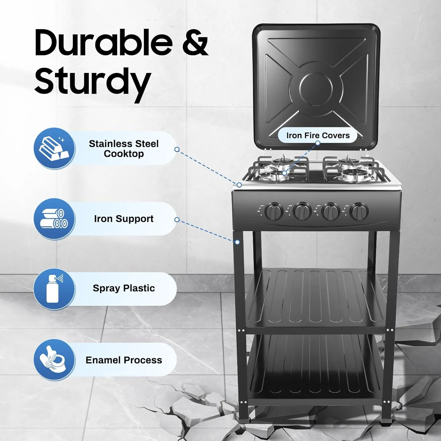 4 Burner Gas Stove, Portable LNG Camping Grill Stove with Support Leg Stand and Wind Blocking Cover Adapter, Heavy Duty Stainless Steel Propane Gas Cooker for Outdoor Camping Picnic RV Cooking, Black