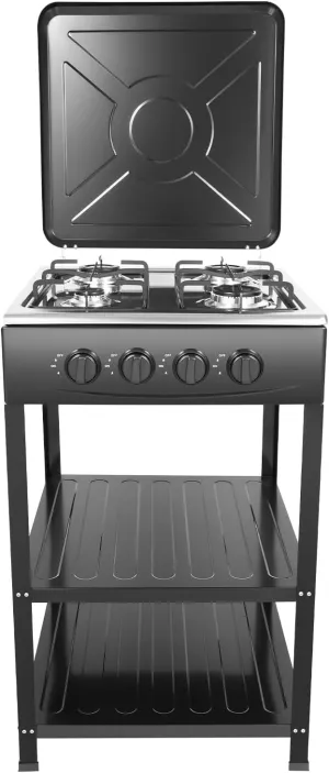 4 Burner Gas Stove, Portable LNG Camping Grill Stove with Support Leg Stand and Wind Blocking Cover Adapter, Heavy Duty Stainless Steel Propane Gas Cooker for Outdoor Camping Picnic RV Cooking, Black