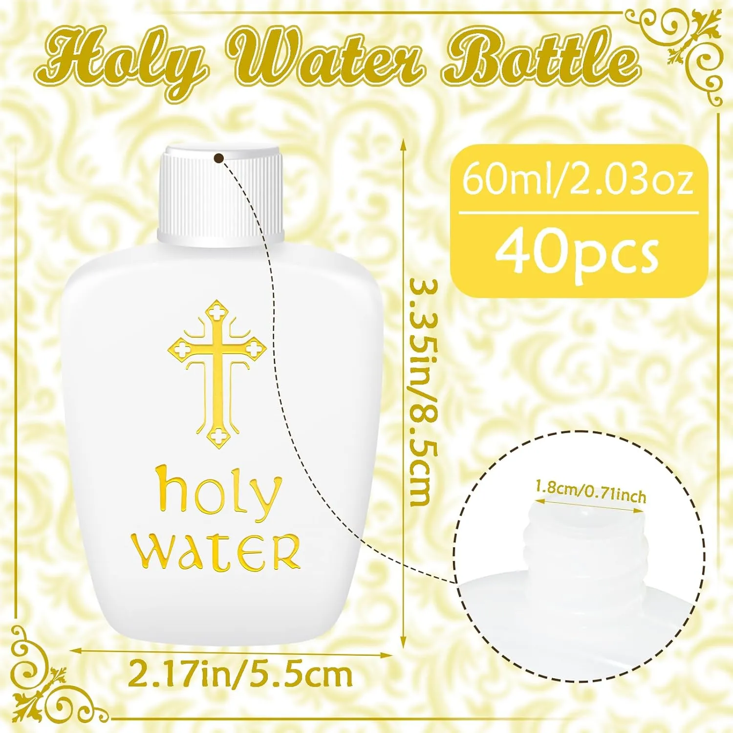 40 Pcs Holy Water Bottles 2oz Holy Water Container Plastic Empty Containers with Gold Cross for Catholic Christian Halloween First Communion Gift Thanksgiving Baptism Party Church 60ml
