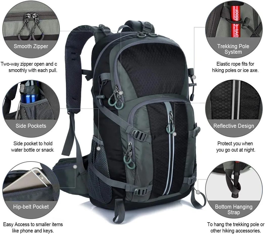 40L Hiking Backpack, Waterproof Men Women Outdoor Travel Backpack for Trekking, Camping, Walking with Rain Cover (Black)