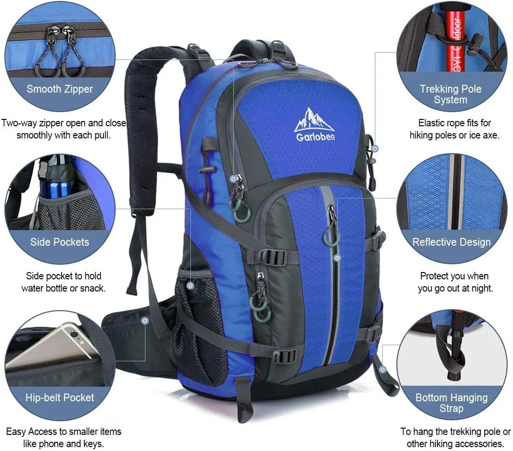 40L Hiking Backpack, Waterproof Men Women Outdoor Travel Backpack for Trekking, Camping, Walking with Rain Cover (Blue)