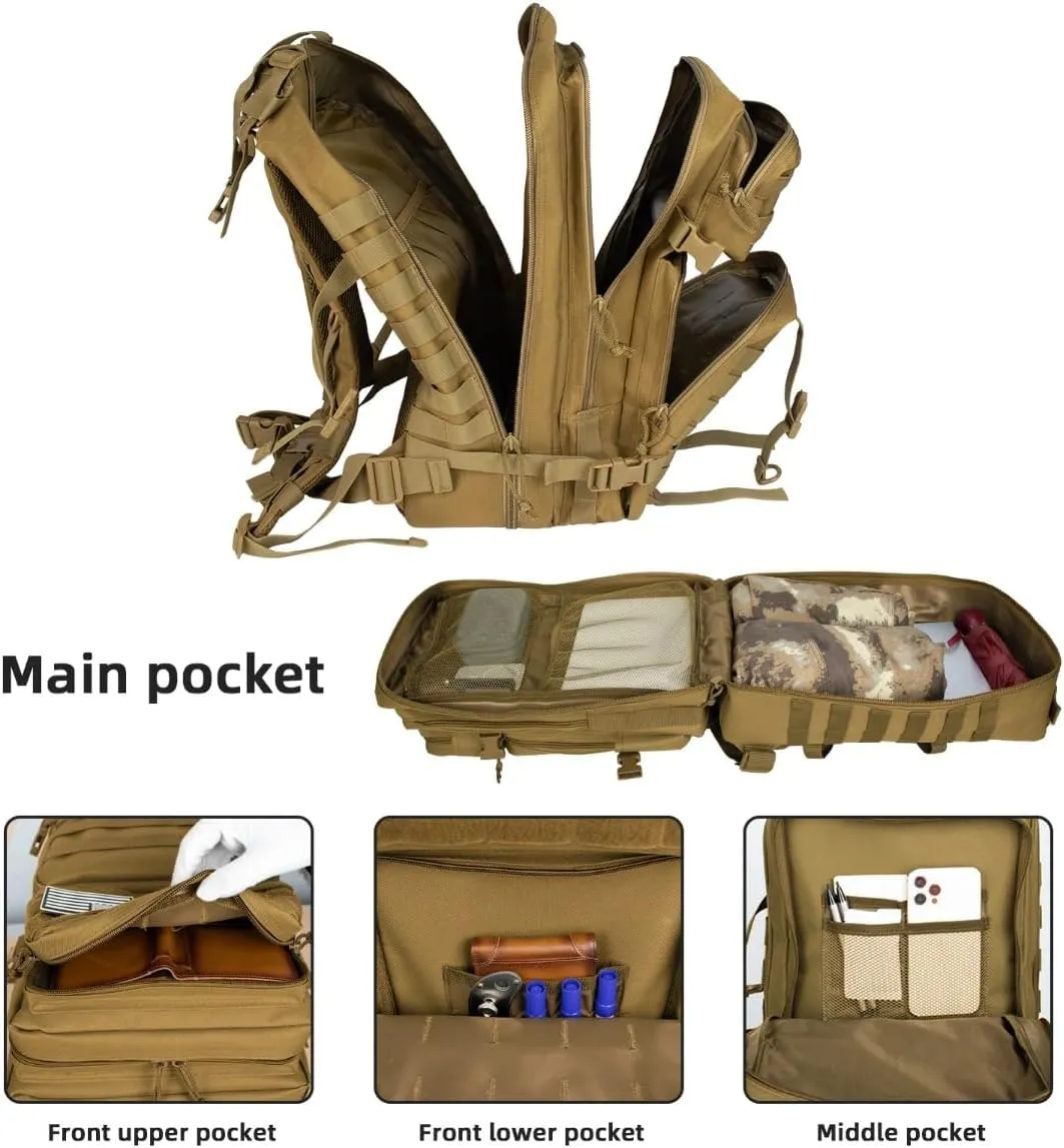 45L Large Tactical Backpack Molle System Durable Oxford Hiking Camping Backpack Air Cushion Belt Unisex Daypack (B096-KHAKI)