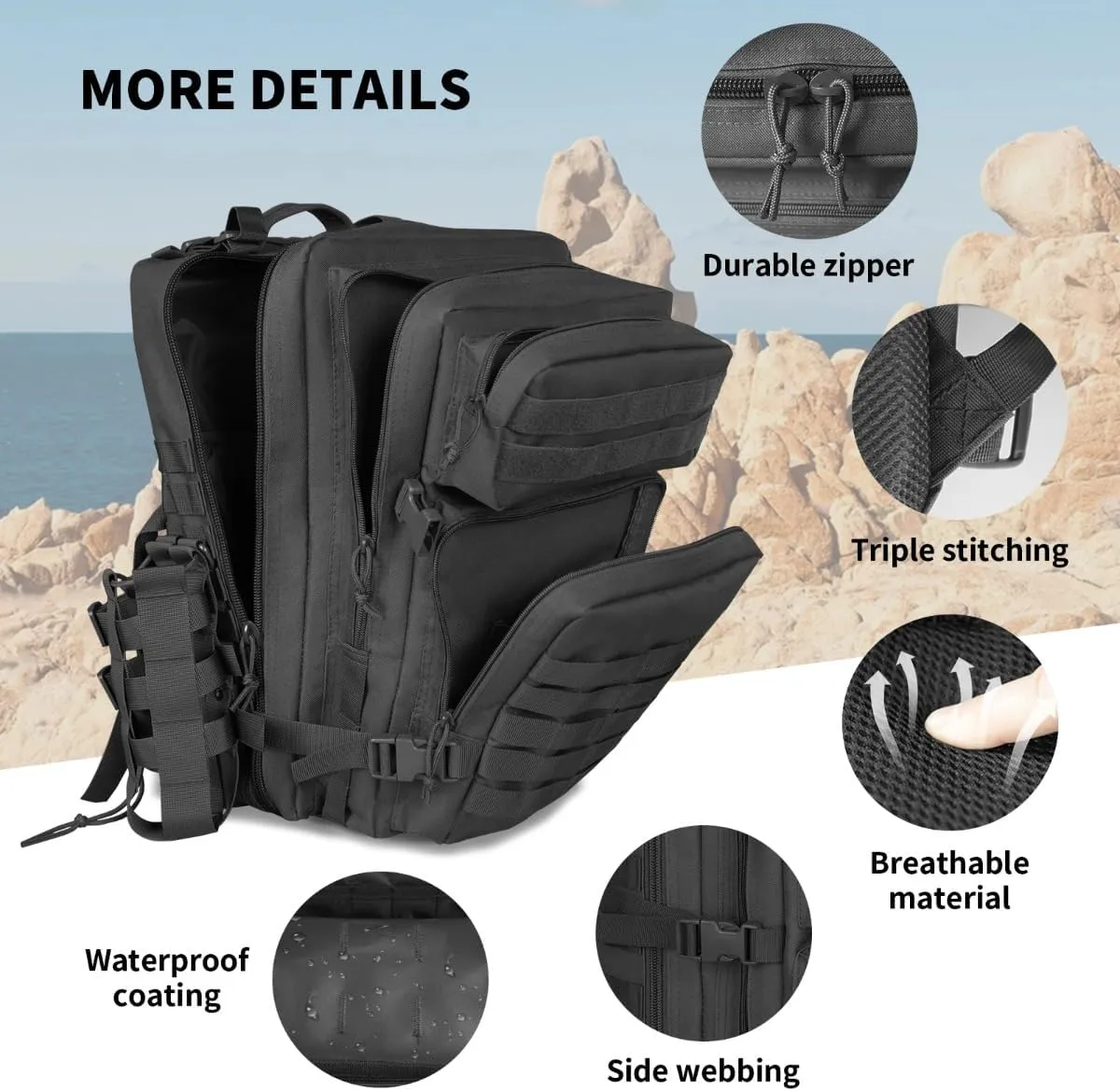 45L Large Tactical Backpack Molle System Durable Oxford Hiking Camping Backpack Air Cushion Belt Unisex Daypack (B096-KHAKI)