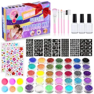 492 Temporary Glitter Tattoo Kit for Kids - 41 Colors & 215 Rhinestones - 204 Stencils - 24 Colors Glitter Powder - 3 Glue - 5 Brushes - Waterproof Tattoos for Parties & Make Up