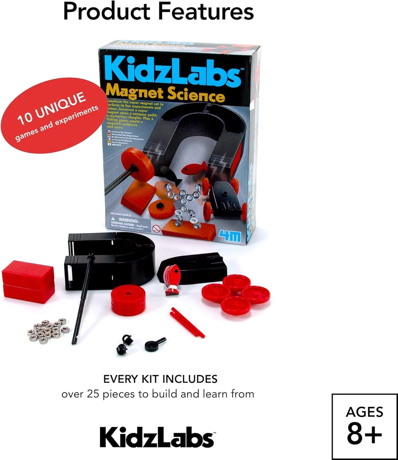 4M Magnet Science Kit - 10 Magnetic Experiments & Games (over 25 pieces to Build & STEM Learn From) - Power the Racer with a Magnet, Levitate a Magnet, Magnetic Yacht & Fishing, Boys & Girls, Age 8 