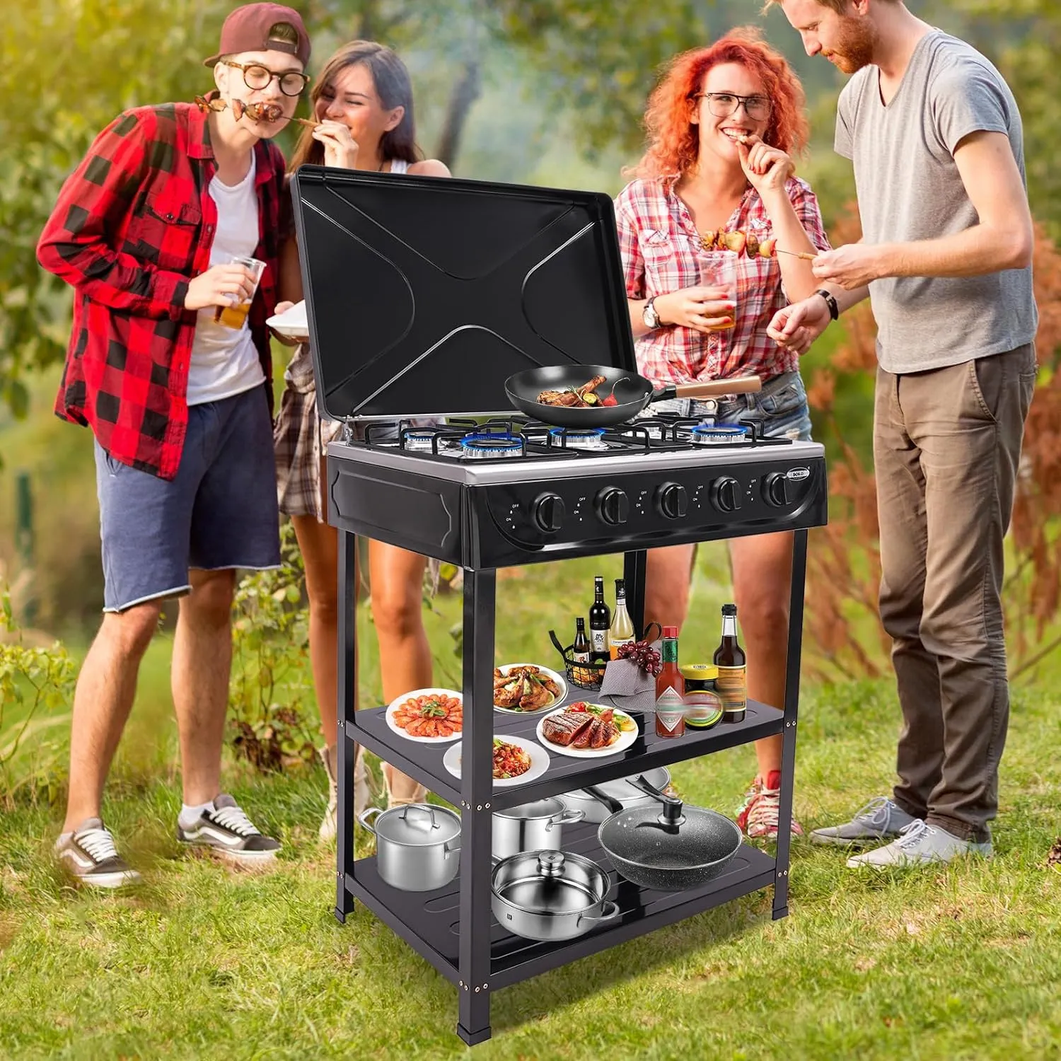 5 Burner Gas Stove Portable Natural Gas Camping Grill Stove Floor Standing Cooktop Cooker with Storage Stand and Wind Blocking Cover Manual Ignition for Outdoor RV (Black)