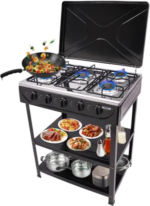 5 Burner Gas Stove Portable Natural Gas Camping Grill Stove Floor Standing Cooktop Cooker with Storage Stand and Wind Blocking Cover Manual Ignition for Outdoor RV (Black)