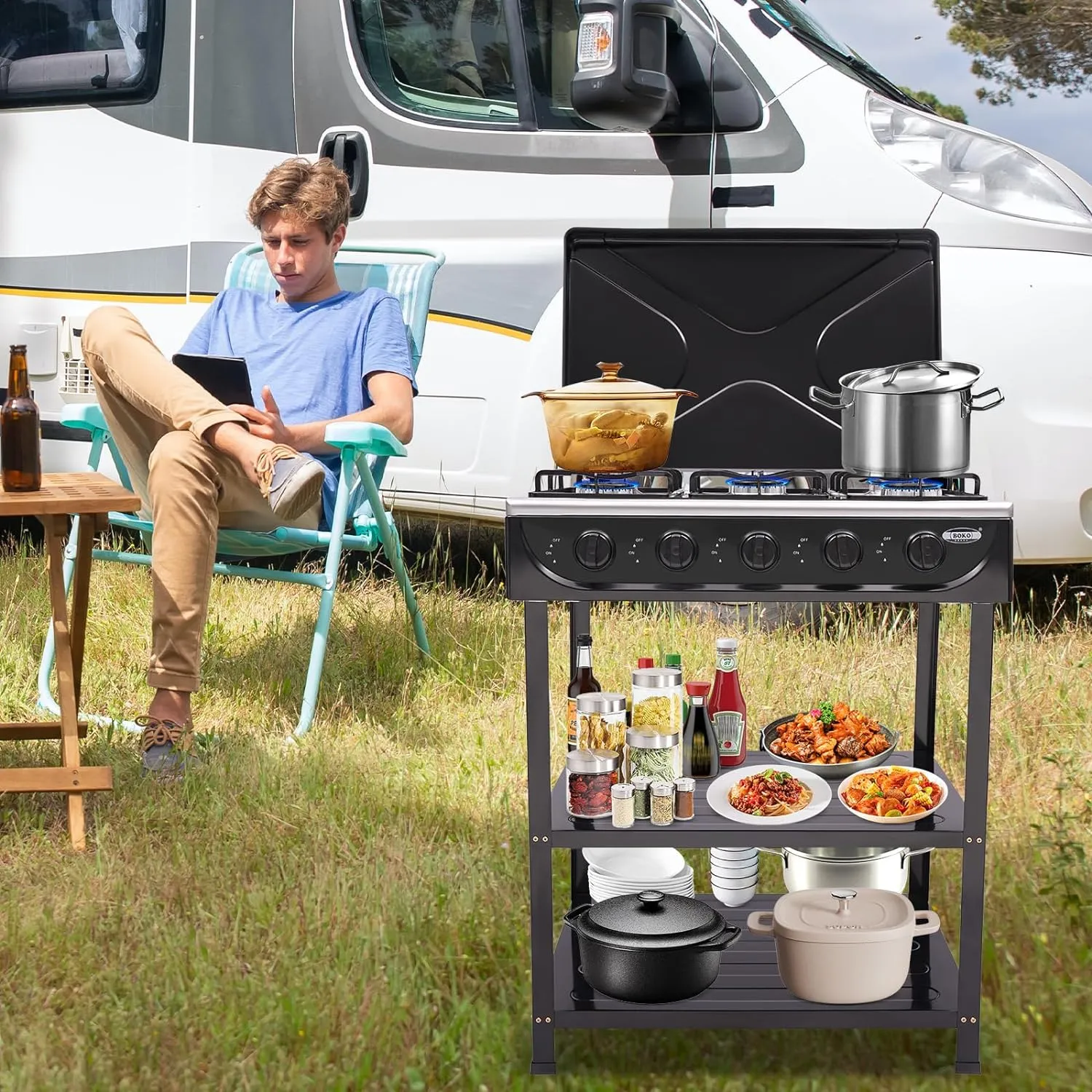 5 Burner Gas Stove Portable Natural Gas Camping Grill Stove Floor Standing Cooktop Cooker with Storage Stand and Wind Blocking Cover Manual Ignition for Outdoor RV (Black)