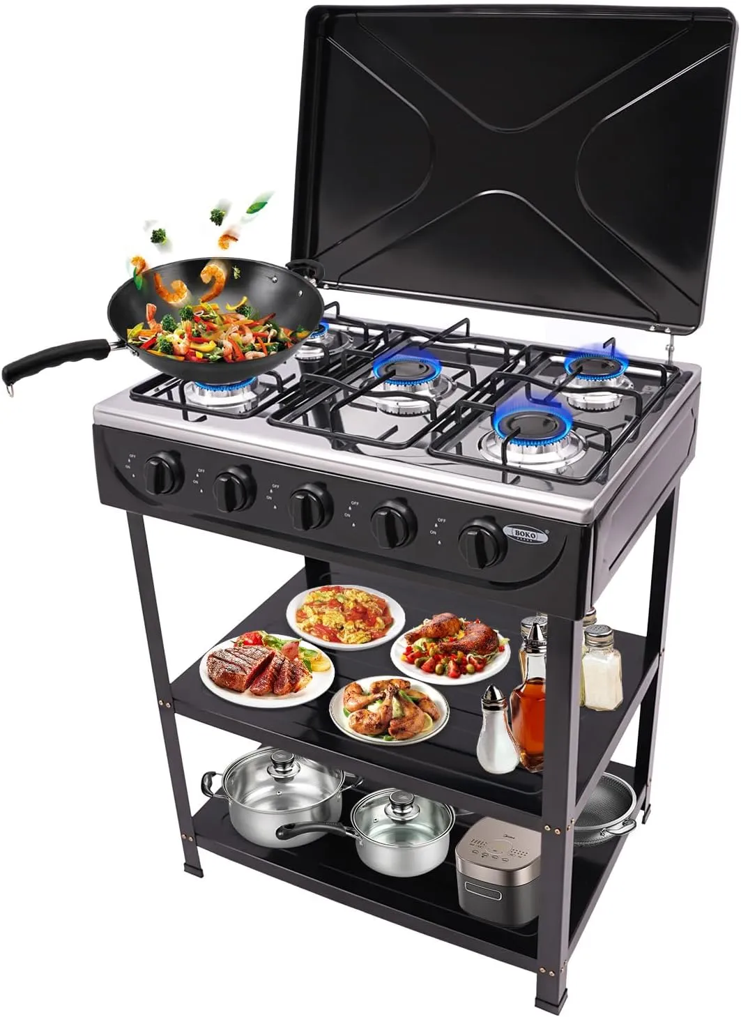 5 Burner Gas Stove Portable Natural Gas Camping Grill Stove Floor Standing Cooktop Cooker with Storage Stand and Wind Blocking Cover Manual Ignition for Outdoor RV (Black)