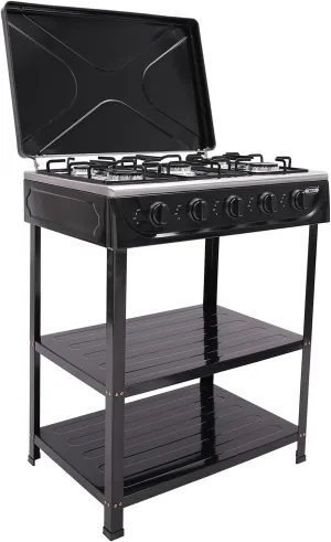 5-Burner Portable Natural Gas Stove - Freestanding Rectangular Design with Iron, Enamel & Aluminum - Manual Ignition, 2.5KW Per Burner, Black - Assembly Required - Dimensions 64x44.5x16.5cm, 22.05 lbs