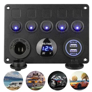 5 Gang Marine Rocker Switch Panel ON-Off Toggle Switch Panel Waterproof Blue LED Dual USB Socket Charger   Voltmeter   12V Outlet Pre-Wired Panel with Circuit Breakers for RV Car Boat Truck Yacht