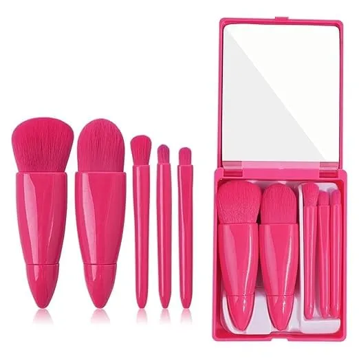 5-Piece Compact Makeup Brush Kit with Built-In Mirror – Portable Travel Case with Essential Cosmetic Brushes for Foundation, Eyeshadow, Blush & Powder