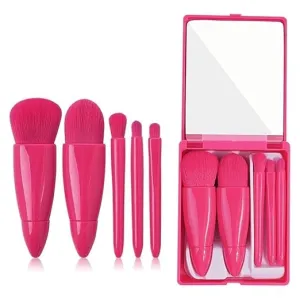 5-Piece Compact Makeup Brush Kit with Built-In Mirror – Portable Travel Case with Essential Cosmetic Brushes for Foundation, Eyeshadow, Blush & Powder