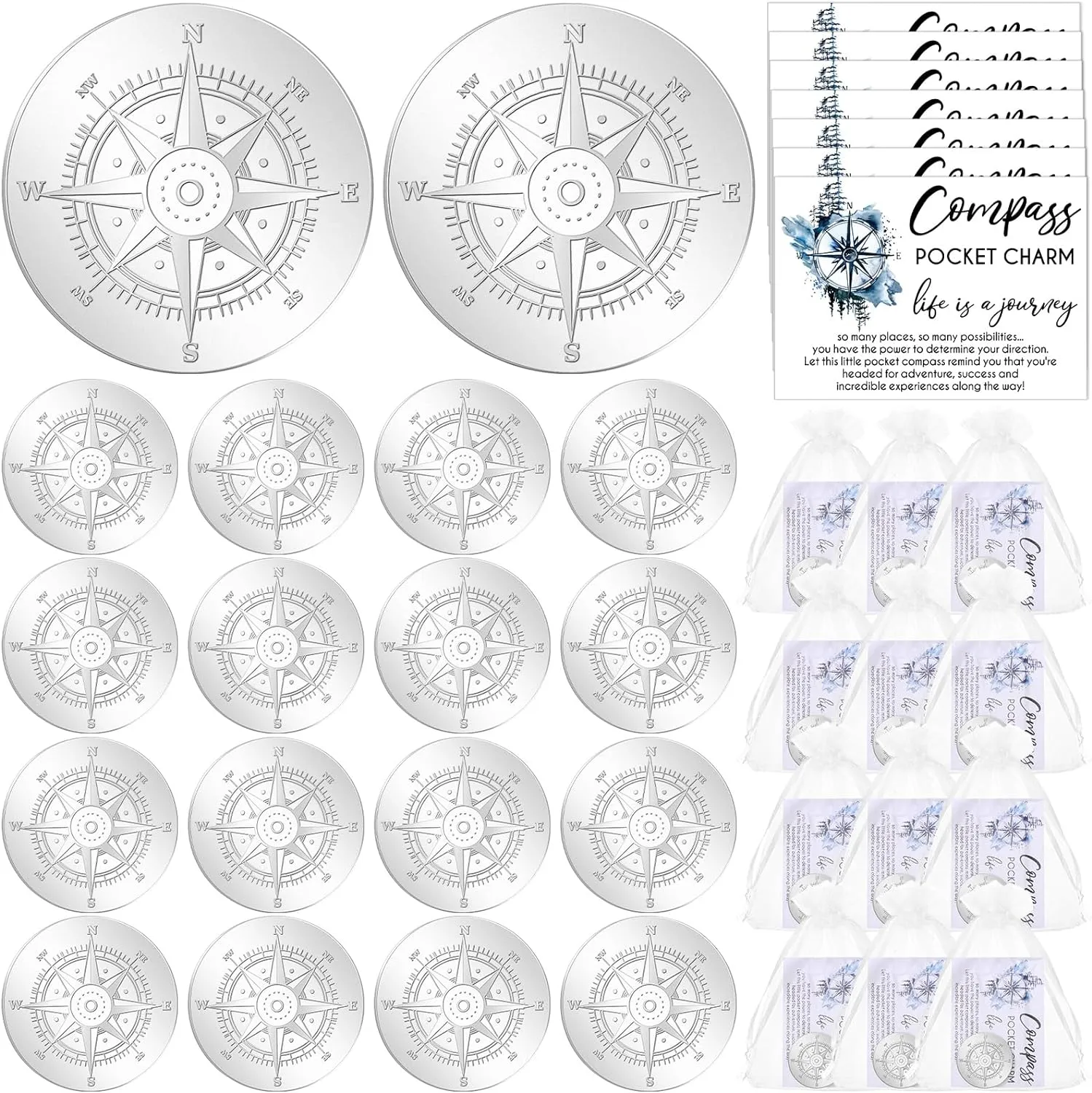 50 Sets Compass Pocket Tokens with Cards and Organza Bags – Motivational Graduation Gift for Students and Friends, Alloy Round Compass with Life is a Journey Quote