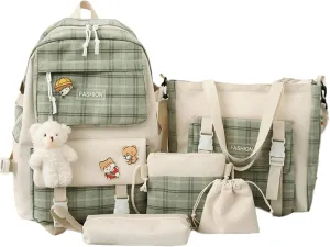 5Pcs Canvas Kawaii Backpack Combo Set with Cute Bear Pendant Pins Plaid Check Handle Shoulder Tote Daypack Bag Kit (Green)