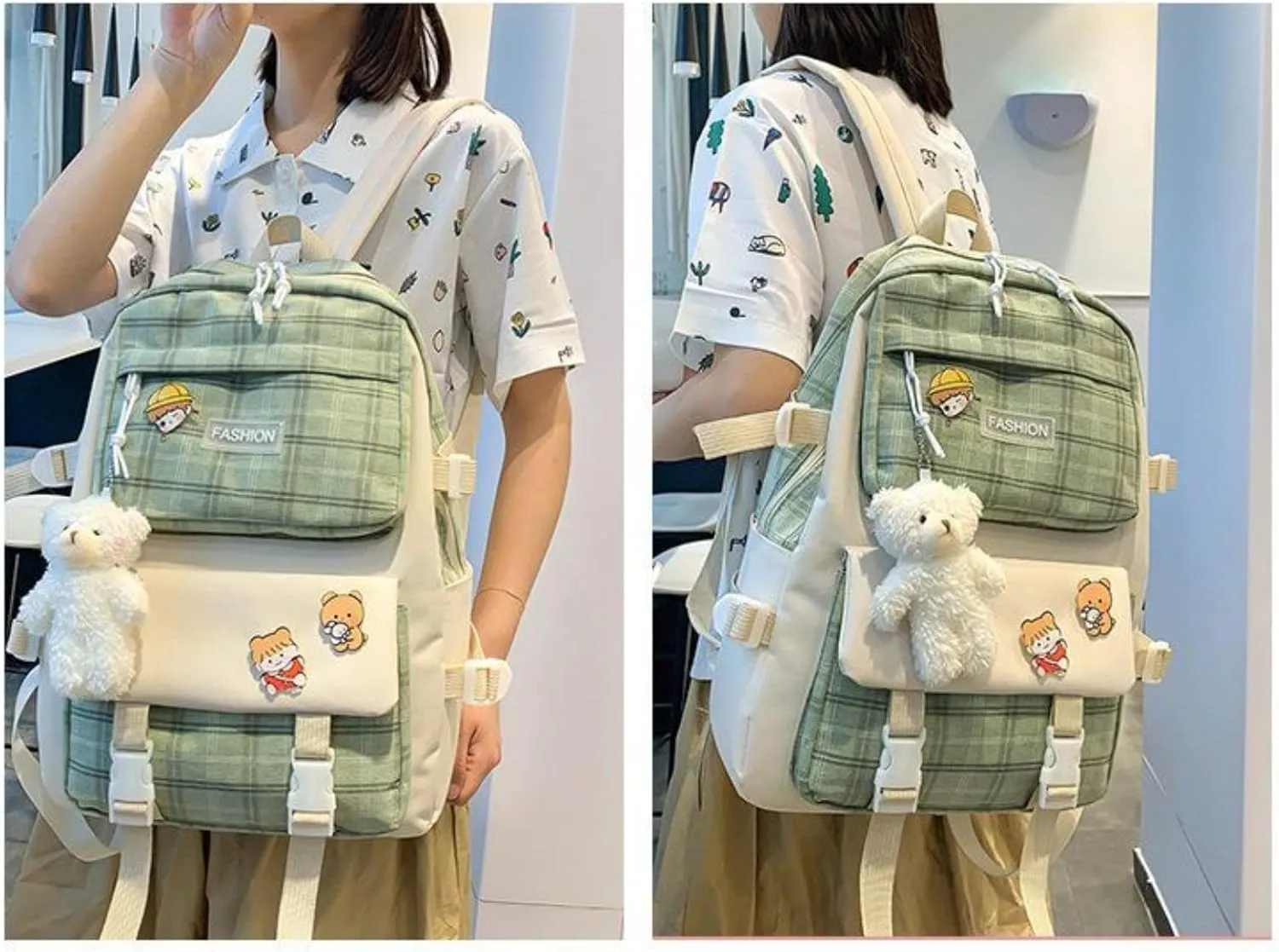 5Pcs Canvas Kawaii Backpack Combo Set with Cute Bear Pendant Pins Plaid Check Handle Shoulder Tote Daypack Bag Kit (Green)