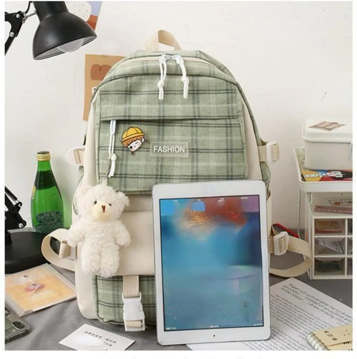 5Pcs Canvas Kawaii Backpack Combo Set with Cute Bear Pendant Pins Plaid Check Handle Shoulder Tote Daypack Bag Kit (Green)