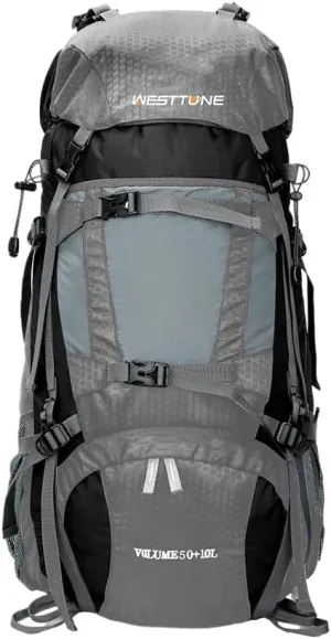 60L Outdoor Hiking Backpack With Internal Frame, Including Rain Cover, Gray
