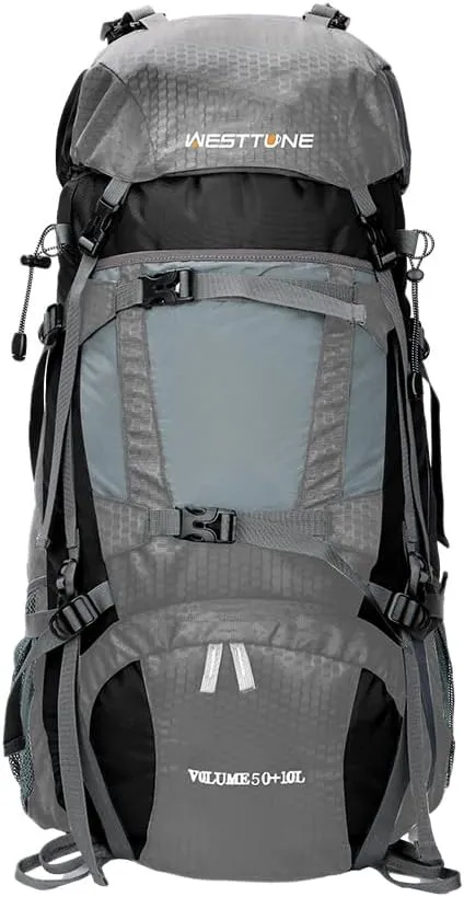 60L Outdoor Hiking Backpack With Internal Frame, Including Rain Cover, Gray