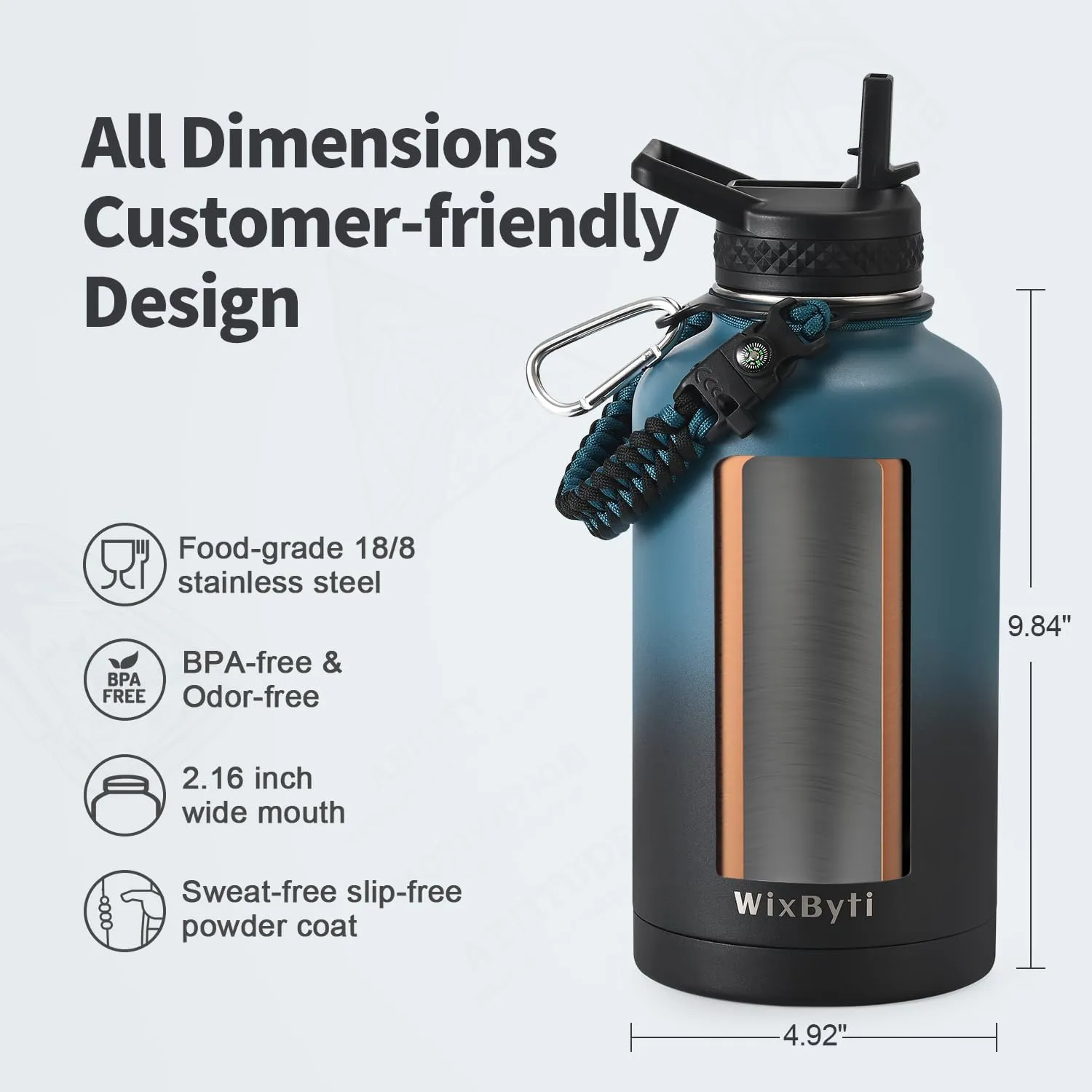 64 oz Insulated Water Bottle with Straw (Cold for 48 Hrs), Half Gallon Stainless Steel Triple Wall Vacuum Sports Water Jug, Leakproof Hydro Cup Flask with Straw Spout Lids & DIY Stickers